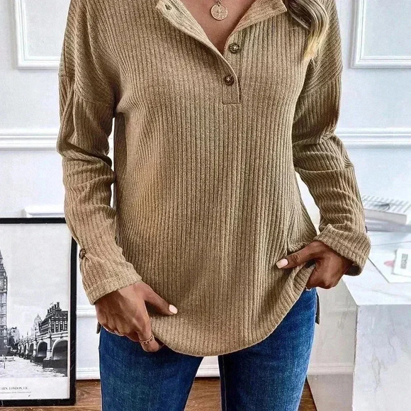 Khaki Casual Womens Half Button Drop Shoulder Waffle Knit Tee - Picture 5 of 5